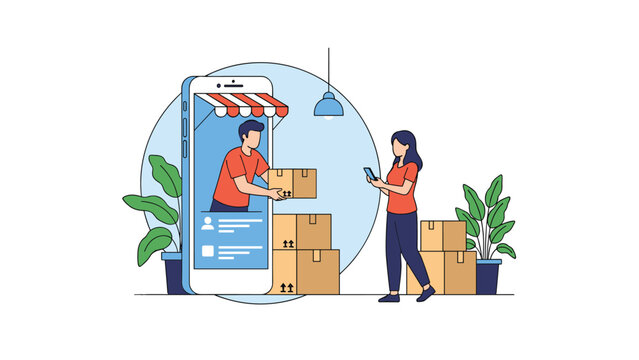 Online shopping and delivery service concept showing a man delivering a box to a woman from inside a giant smartphone screen illustration.