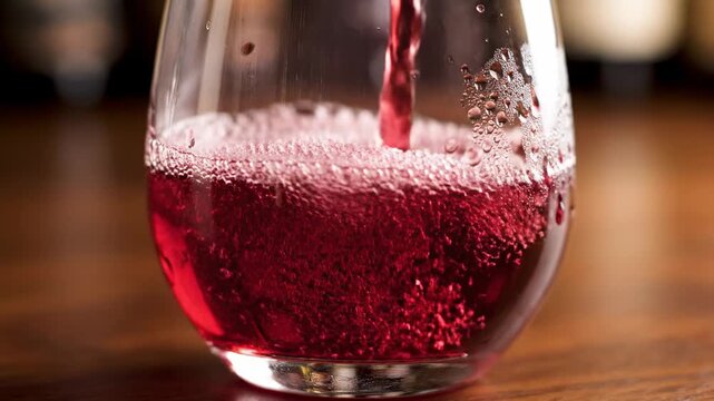 Close-up of red wine being poured into a glass with condensation