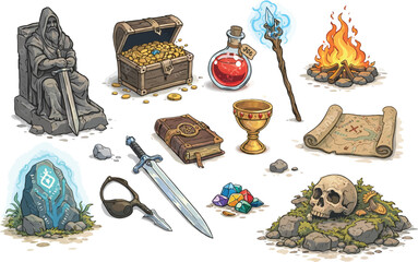 Set of cartoon pirate adventure icons including a treasure chest, gold coins, an old map, a skull key, and a flaming torch for a fantasy game or quest illustration   © Sheikh