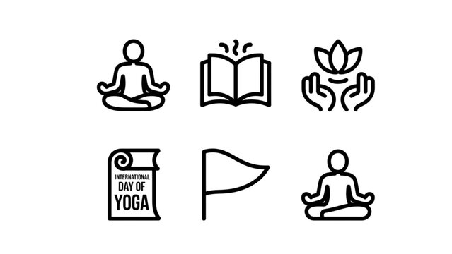 Collection of yoga and wellness-related icons depicting meditation, books, and nature Vector