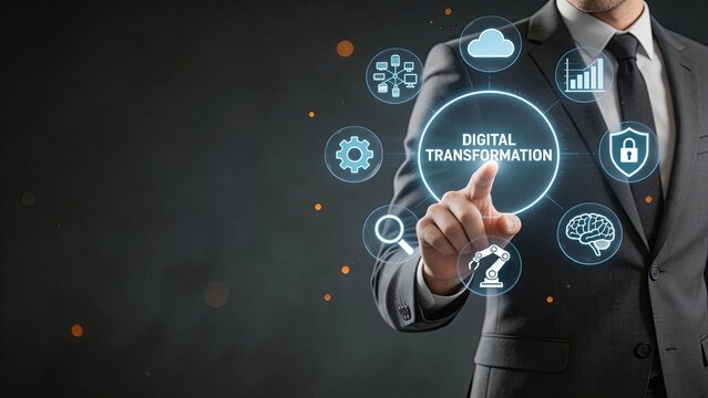 Businessman touching digital transformation interface with icons of cloud computing data analytics security artificial intelligence automation and network connectivity on dark