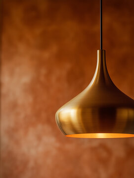 Modern brass pendant lamp with warm diffused light on textured terracotta wall, luxury interior macro