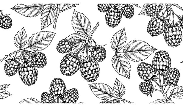 Raspberry seamless pattern engraved berry branch vector hand drawn summer fruit background