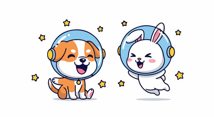 Fototapeta premium Adorable Astronaut Dog and Bunny Friends Floating in Space with Stars.