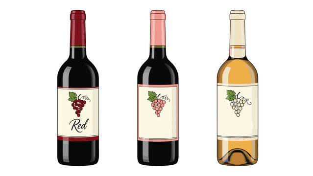 Three bottles of premium wine including red rose and white varieties displayed with grape illustrations on clean labels for beverage marketing.