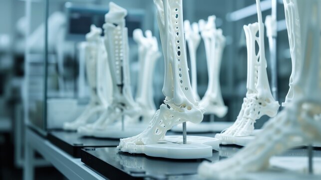 White 3D printed prosthetic bone models stand on display stands inside a high-tech medical research facility. Concept of innovative healthcare, bioengineering, and orthopedic surgery.