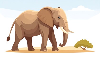 Fototapeta premium Cartoon elephant with large tusks in the savannah landscape with minimal tree, cartoon style