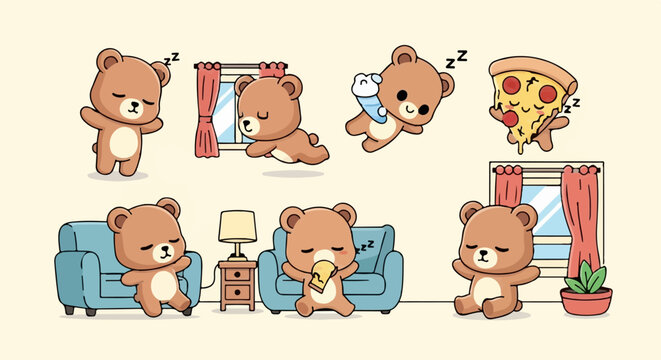 Adorable Cartoon Bears in Various Poses, Expressing Different Emotions and Activities.