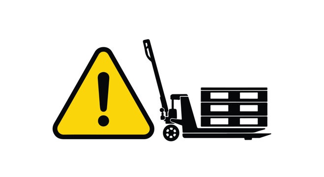 Warning sign with exclamation mark next to a pallet jack carrying wooden cargo pallets for logistics and warehouse