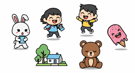 Obraz premium Adorable Cartoon Characters - Bunny, Kids, Bear, Ice Cream, and House.