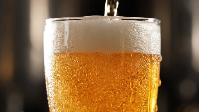Close-up of golden beer being poured into a glass with frothy head forming