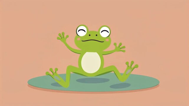 A cheerful cartoon frog with wide eyes and a happy smile sits on a lily pad, its legs splayed out in a playful pose against a soft peach background, radiating joy and innocence