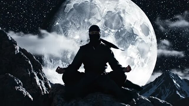Mysterious ninja meditating under a giant moon and starry night sky