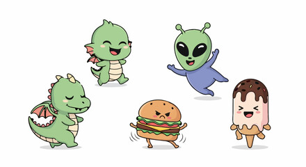 Obraz premium Adorable Cartoon Characters - Dragon, Alien, Burger, and Ice Cream.