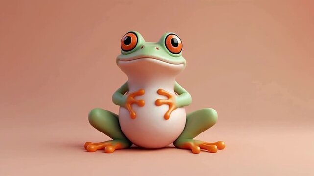 A whimsical 3D render of a cute, round green frog with large, expressive eyes, sitting and holding its belly