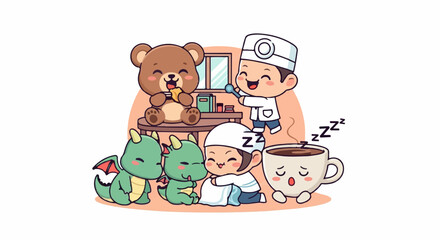 Obraz premium Adorable Cartoon Characters Enjoying a Cozy and Relaxing Morning Together.