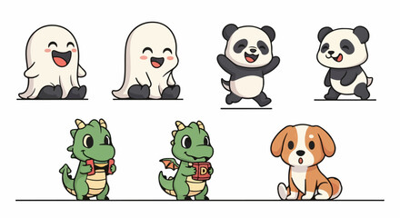 Obraz premium Adorable Cartoon Characters - Ghost, Panda, Dragon, and Dog in Playful Poses.