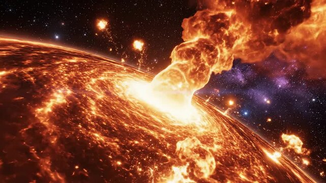 Fiery cosmic explosion erupts from a glowing planet surface in deep space