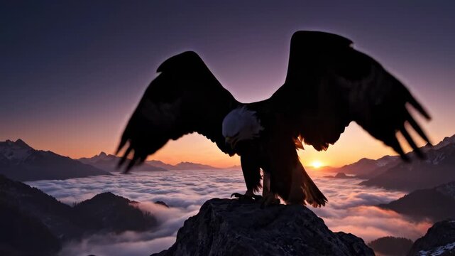 Majestic eagle perched on rocky peak overlooking clouds at sunrise