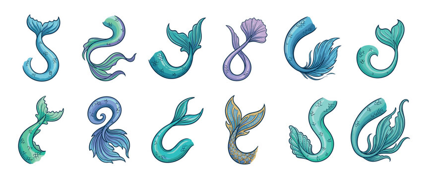 Mermaid tails collection with various designs and colors, featuring different fin shapes and scale patterns for fantasy illustrations.