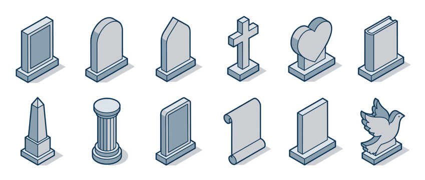 Isometric gravestones and tombstones vector illustration set, featuring various memorial elements like crosses, hearts, and doves for cemetery designs.