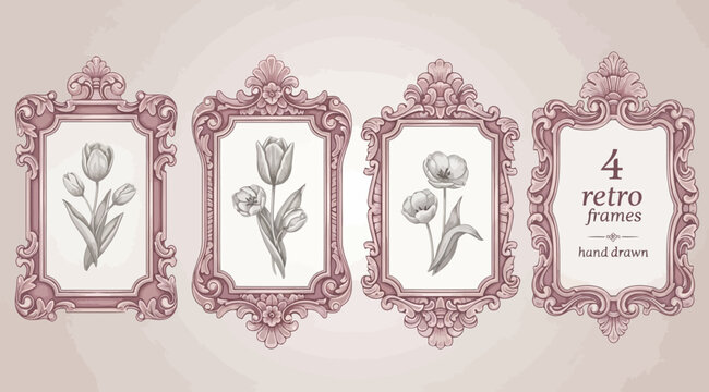 Set of four vintage ornate purple frames with handdrawn tulip illustrations, elegant baroque style decorative borders for wall art or invitations