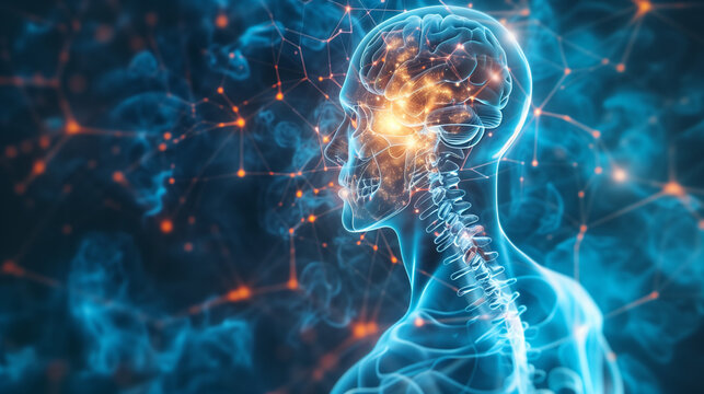 X Ray style 3D rendering of Vagus Nerve Stimulation with glowing nerve fibers - 3D illustration