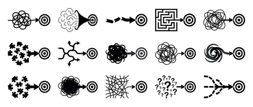 Problem-solving concepts showing various paths from complexity to clarity and achieving a specific business goal or objective.