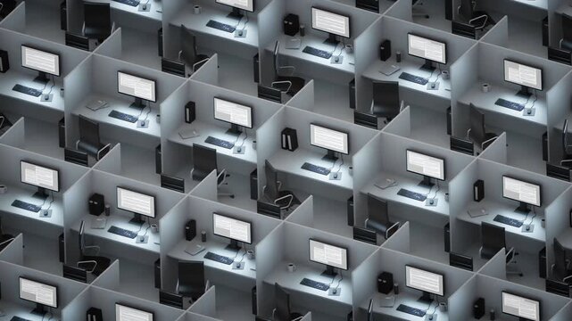 Repeating isometric pattern of office cubicles with computers and chairs arranged in sterile uniform workplace layout in seamless loop