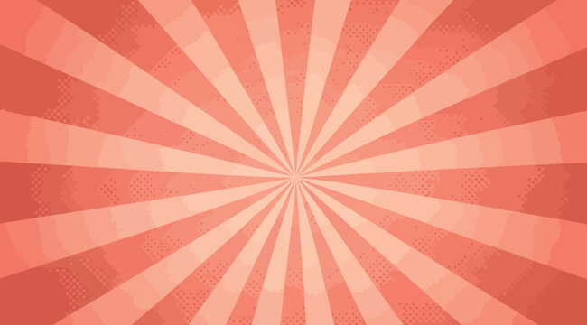 Abstract red sunburst background with halftone pattern and radial rays, vintage comic book style design