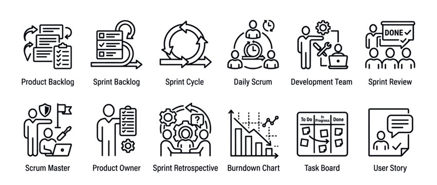 Agile Scrum methodology icons set illustrating various concepts like product backlog, sprint cycle, daily scrum, and development team for project management.