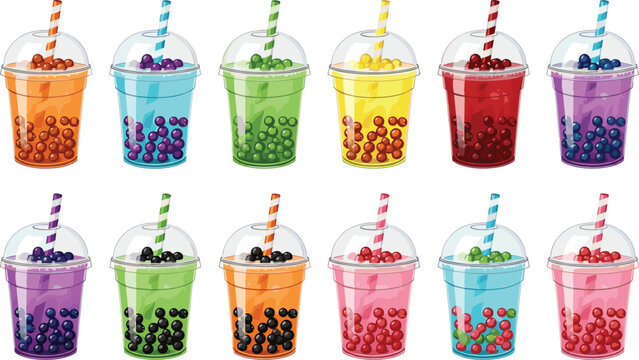Colorful bubble tea drinks collection with tapioca pearls in plastic cups and straws vibrant beverage illustration set for cafe menu design