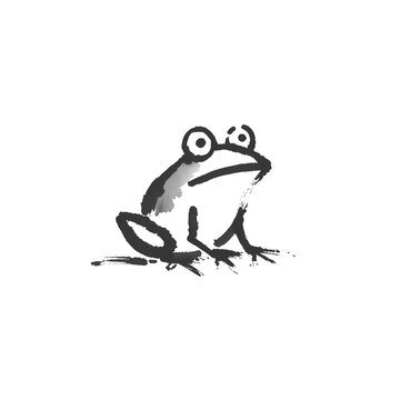 カエルの墨絵　愛嬌ある和風水墨画イラスト