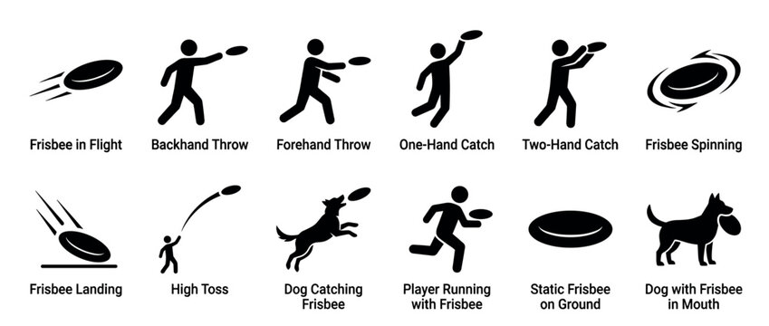 Frisbee play actions and movements depicted in a set of black silhouette icons, showing people throwing, catching, and dogs interacting with the flying disc.