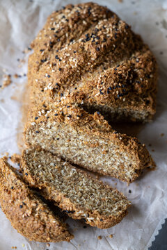 Homemade soda bread with flax seeds flour, keto diet.