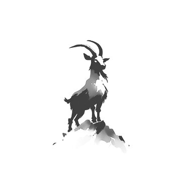 ヤギの墨絵　山間の和風水墨画イラスト