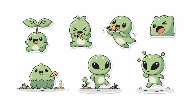 Adorable Green Alien Characters in Various Poses and Expressions.