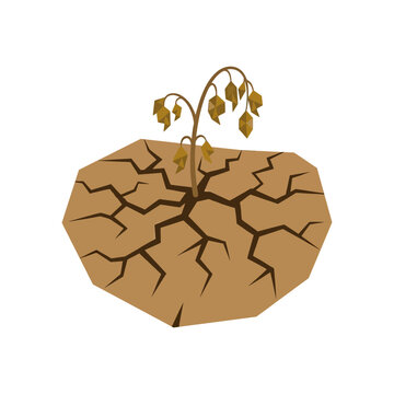 Flat cracked earth with dying plant icon, drought concept, simple geometry, solid color design