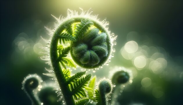 Glowing fern fiddlehead with morning dew on green leaves creates serene health blog imagery now.