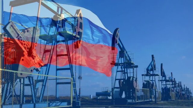 An oil pump jack field overlaid with the Russian flag illustrates the national energy industry, petroleum production, and its global economic influence.
