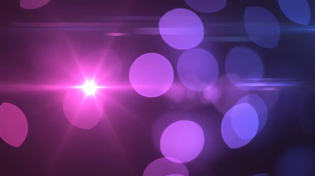 Vibrant pink and purple bokeh circles drift across a dark background, punctuated by glowing blue and magenta anamorphic lens flares for a cinematic, high-energy aesthetic.