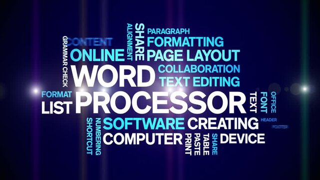 Word Processor animated word cloud-text design animation tag kinetic typography seamless loop.