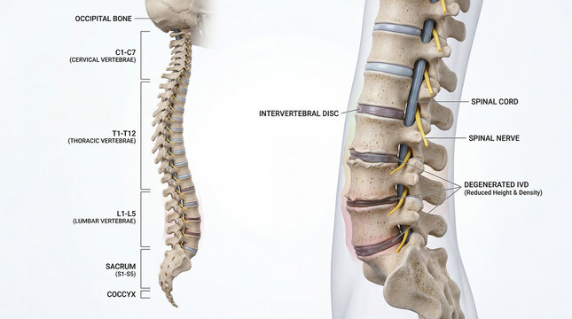 Intricate spinal architecture revealing vertebral sections and the impact of degenerated discs on neural pathways