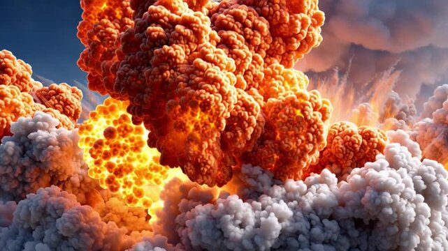 Fiery Explosion: A colossal, vibrant explosion erupts, a visual symphony of fire and smoke against the backdrop of the sky. This powerful image captures the raw energy and destructive potential.