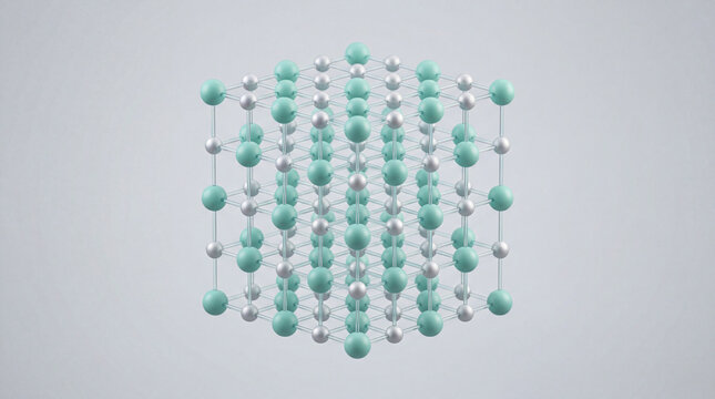 Interlocking lattice of atomic spheres reveals the elegant architecture of a chemical compound in a serene, illuminated space