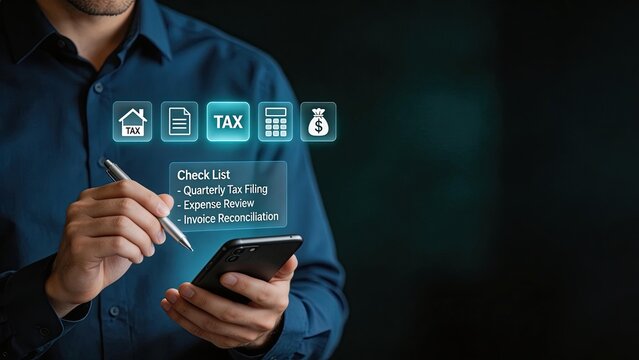 Businessman Using Smartphone With Tax Icons And Check List Managing Quarterly Filing Expense Review Invoice Reconciliation Financial Planning Digital Accounting Budget Control