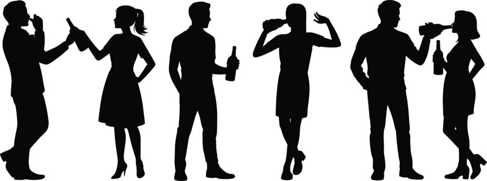 Silhouettes of people holding and drinking from bottles and glasses group women