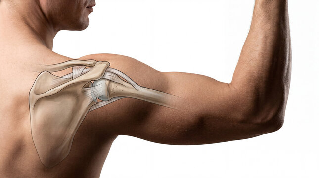 Dynamic display of human shoulder anatomy fused with a powerful bicep flexion a clear visual study
