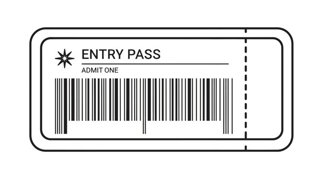 Entry pass ticket, barcode admission, event access card, ticket stub isolated on White Background