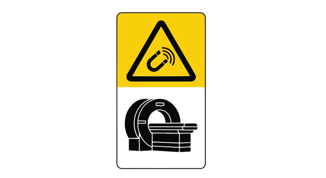 Warning sign for magnetic field hazard with MRI scanner symbol and caution triangle